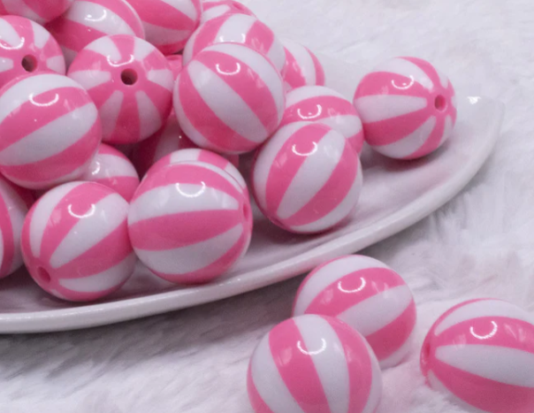 Pink With White Stripe Beach Ball Bubblegum Beads